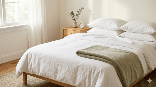 Neatly made bed with crisp white bedding in a bright minimalist bedroom — Somnole